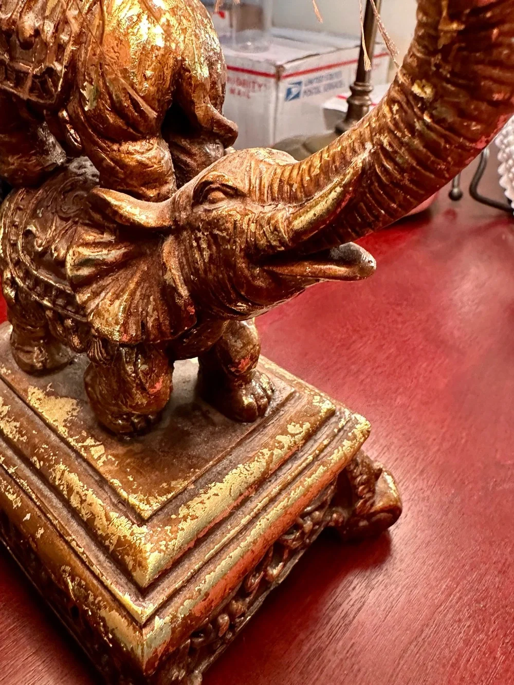 Antique-Style Gold Elephant Double Table Lamp with Beige Shades